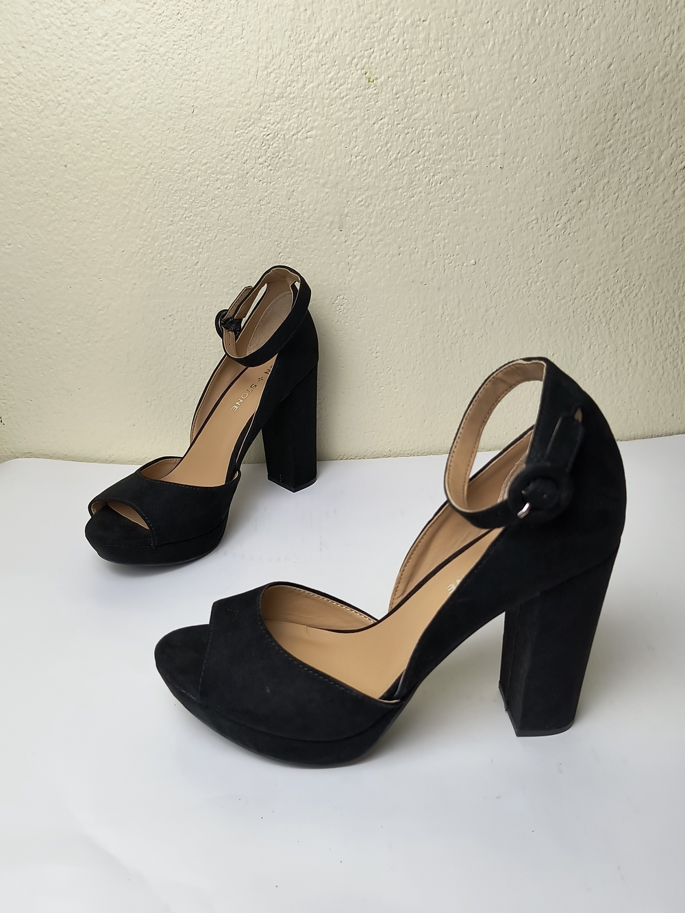 Sun + Stone Reeta 8M Black Suede Platform Block Heel Sandals